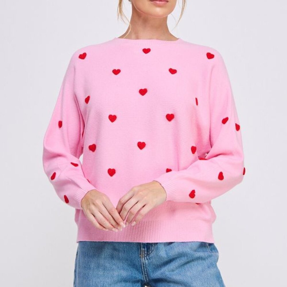 Elle Soft Dolman Sweater with Hearts - Pink/Red